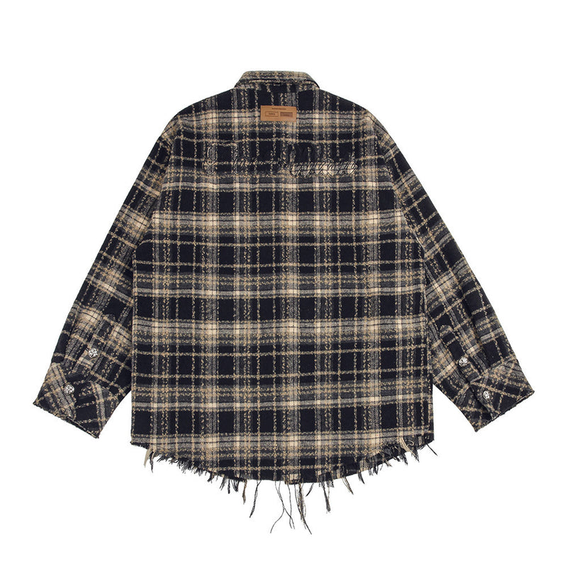 Men Long Sleeved T Shirt Spring and Autumn Lattice Long Sleeve Shirt Coat Vintage Cat Raw-Cut Edges Loose Shirt