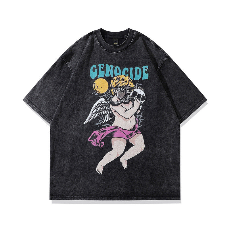 Men T Shirt Vintage Spoof Angel Graffiti Printing Distressed Short Sleeve T-shirt for Men and Women