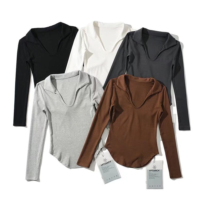 Women T-Shirt Autumn Long Sleeve Lapel V-Shaped Women's T-shirt