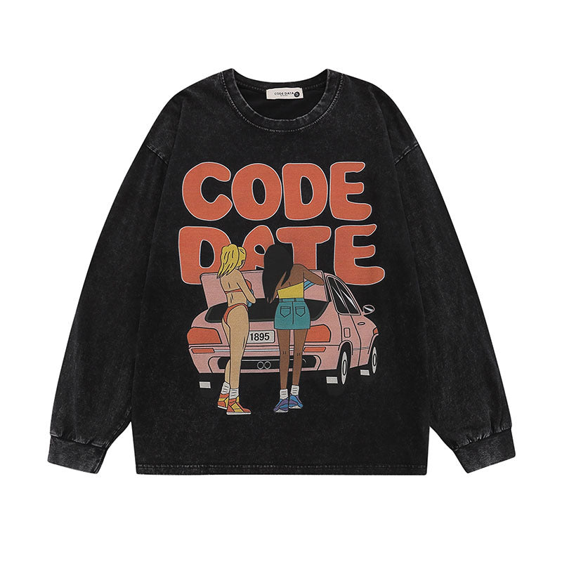 Men Long Sleeve Shirt Hip Hop Cartoon Printed Washed Long Sleeve T-shirt Men and Women Retro Bottoming
