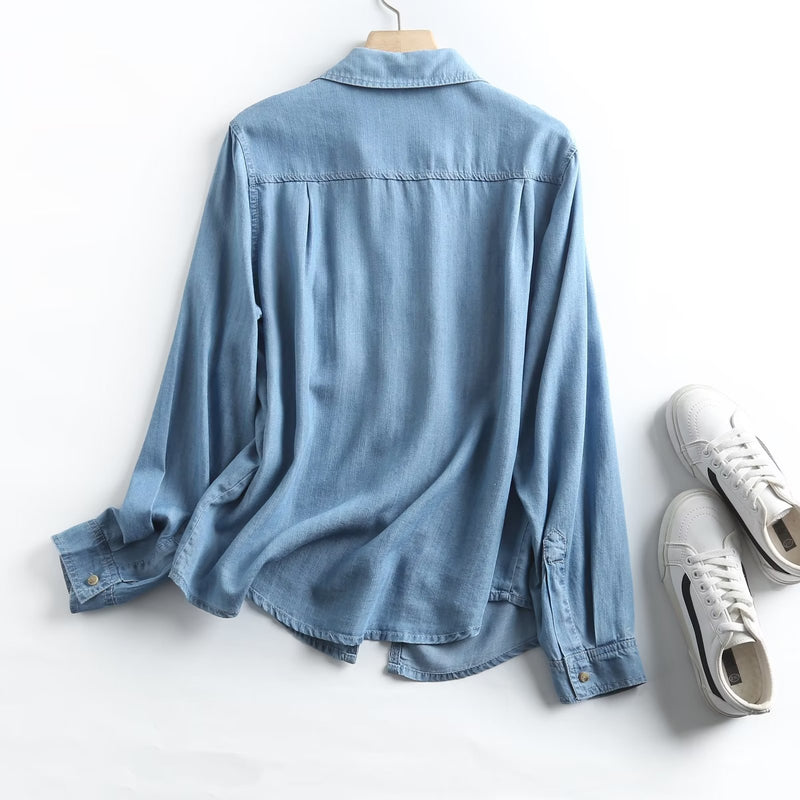 Women T-Shirt Autumn Long Sleeve Tencel Denim Shirt Women