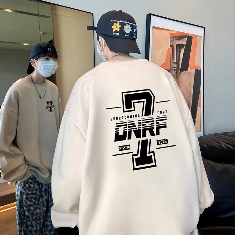 Men Hoodie round Neck Sweater Men's Spring and Autumn Casual Oversized Loose-Fitting Pattern Print