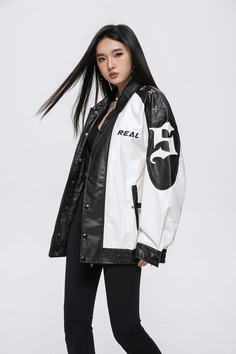 Unisex Jacket R Autumn Color Contrast Patchwork Leather Coat