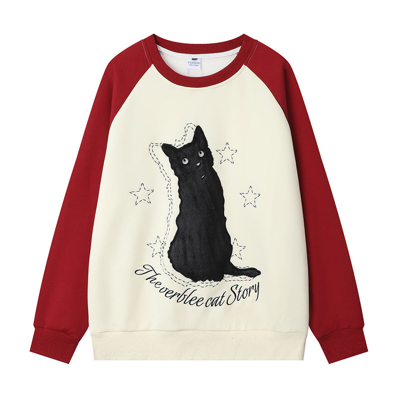 Men Hoodie Flocking Black Cat Embroidered Crew Neck Sweater