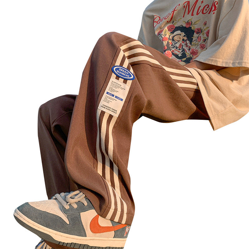 Men Sweatpants Striped Sports Trousers Loose Straight Wide Leg