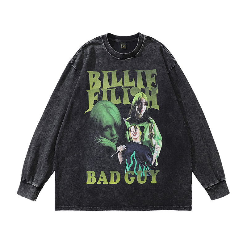 Men Long Sleeve Shirt Bili Portrait Vintage Long Sleeve T-shirt Men and Women Loose Washed-out Distressed