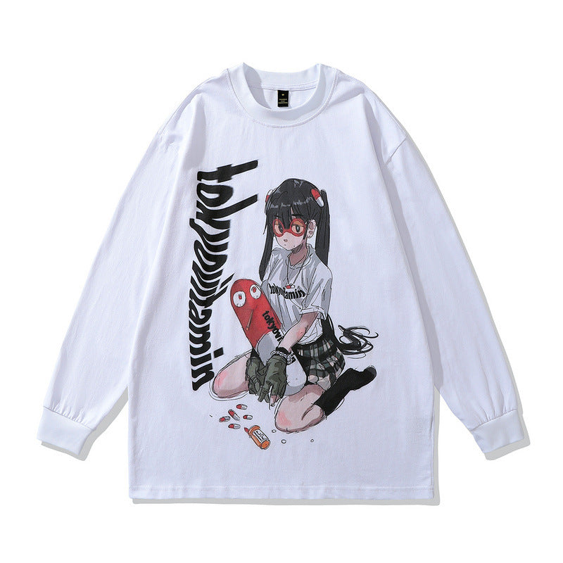 Men Long Sleeve Shirt Fashion Brand Men's Spring and Autumn Wear Retro Cartoon Anime Long Sleeve T-shirt Men and Women