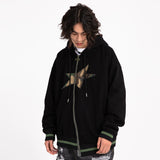 Men Fleece Lined Hoodie Zipper Cardigan Sweater Coat Men's Loose Five-Pointed Star Embroidered Hoodie
