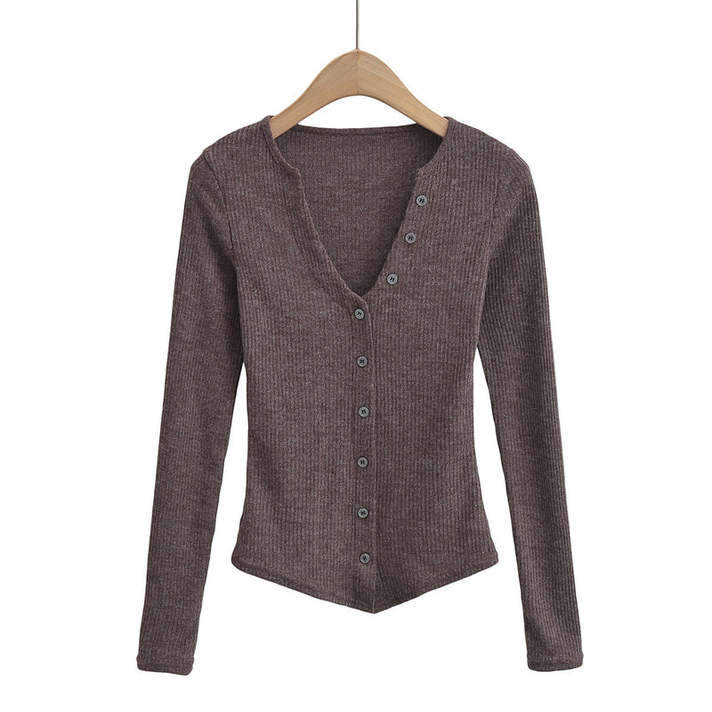 Women T-Shirt Top Women Autumn and Winter Undershirt Short V-neck Knitted