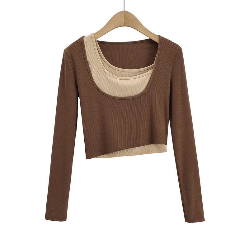 Women T-Shirt Long-Sleeved T-shirt Women's Short Contrast Color Top