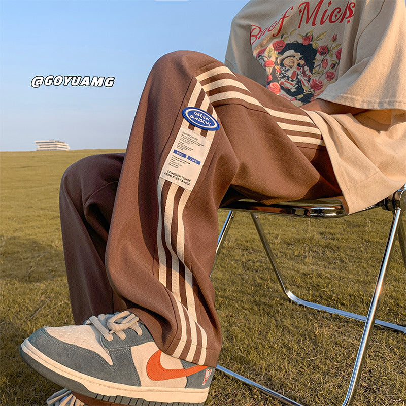 Men Sweatpants Striped Sports Trousers Loose Straight Wide Leg