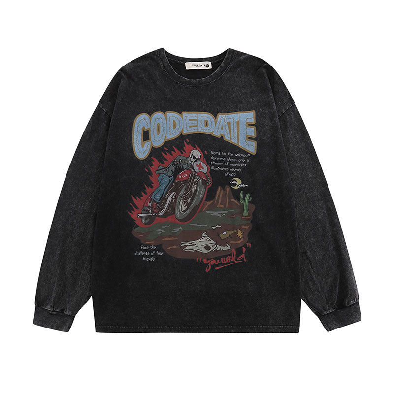 Men Long Sleeve Shirt Flame Print Washed Distressed Long Sleeve T-shirt Men and Women Ins