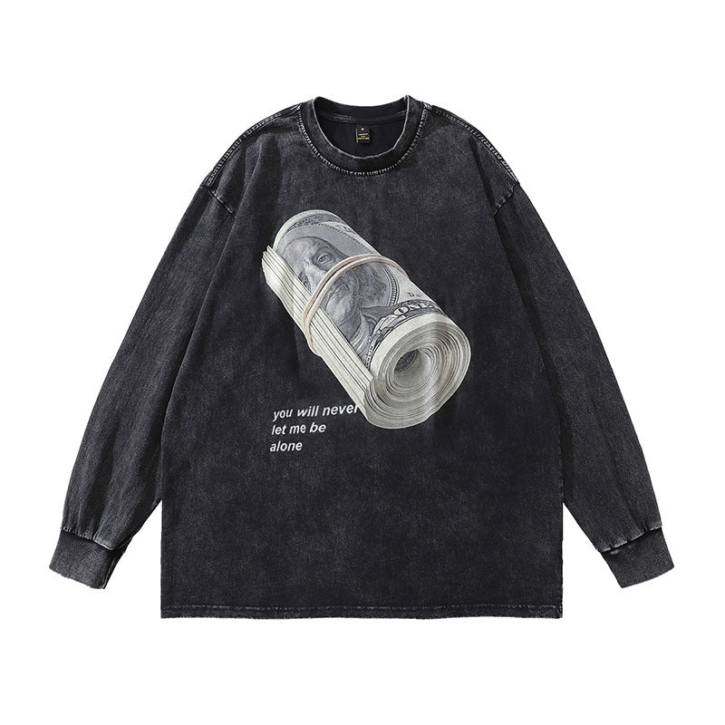 Men Long Sleeve Shirt Printed Heavy Washing Long Sleeve Bottoming T-shirt Men and Women Vintage
