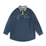 Men's Long Sleeve T Shirt Animal Cartoon Embroidered Denim Polo Shirt Men's Loose Long Sleeve Shirt