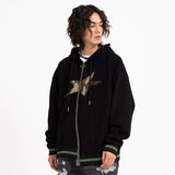 Men Fleece Lined Hoodie Zipper Cardigan Sweater Coat Men's Loose Five-Pointed Star Embroidered Hoodie