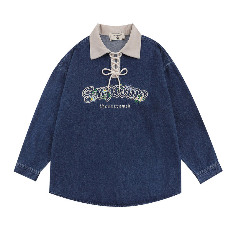 Men Long Sleeve T Shirt Denim Top Drawstring Polo Shirt Men's Spring and Autumn Long Sleeve Denim Shirt