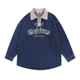 Men Long Sleeve T Shirt Denim Top Drawstring Polo Shirt Men's Spring and Autumn Long Sleeve Denim Shirt