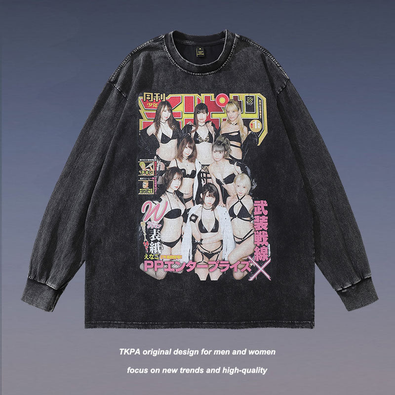 Men Long Sleeve Shirt Vintage Long Sleeve T-shirt Men and Women All-Matching Casual
