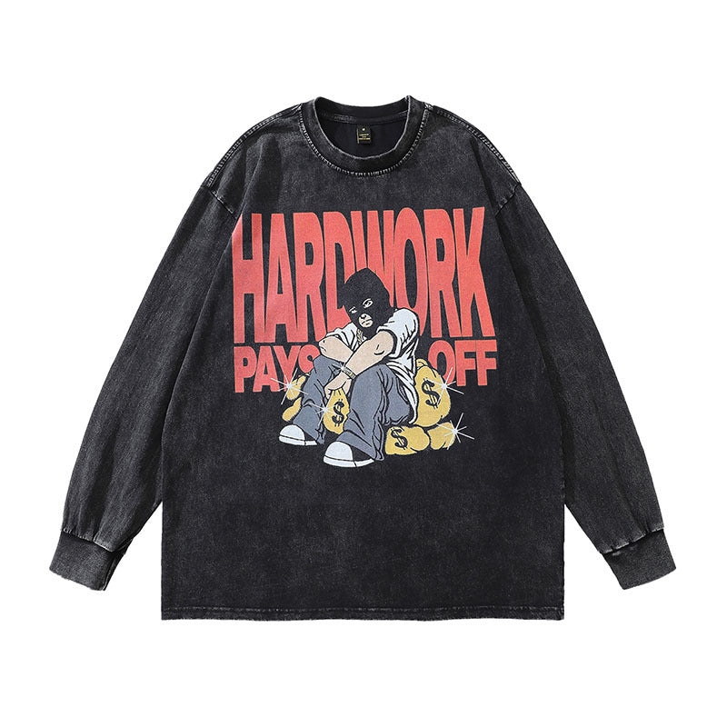 Men Long Sleeve Shirt Vintage West Coast Hiphop Cartoon Distressed Long Sleeve T-shirt Men and Women Washed