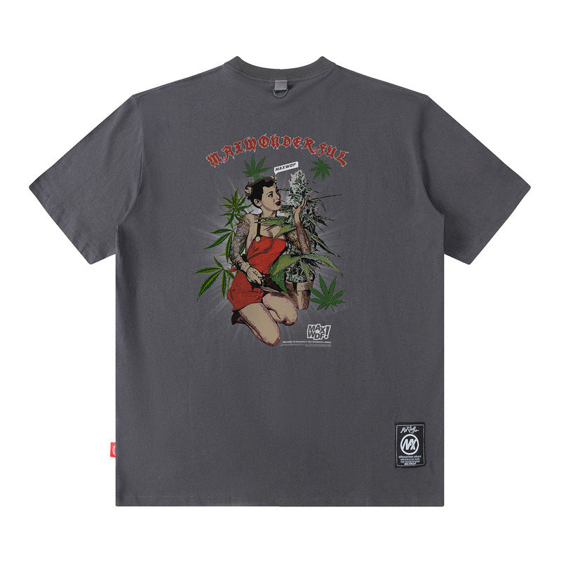 Men T Shirt Amekaji Vintage Printed Pure Cotton Loose Short Sleeve T-shirt for Men and Women