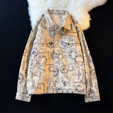 Graffiti Bomber Jacket Denim Coat for Men Spring and Autumn
