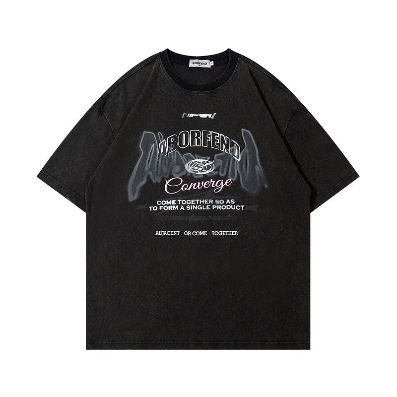 Men T Shirt Washed and Worn Short-Sleeved T-shirt Men and Women Street National Fashion Brand