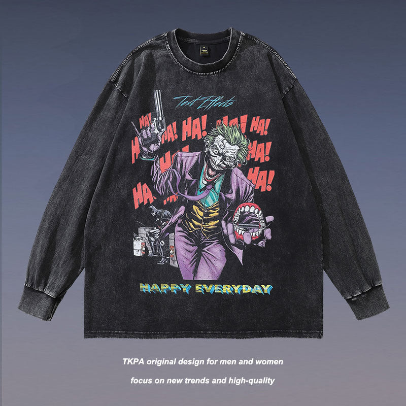 Men Long Sleeve Shirt Cartoon Distressed Long Sleeve T-shirt Men and Women Ins Washed