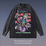 Men Long Sleeve Shirt Cartoon Distressed Long Sleeve T-shirt Men and Women Ins Washed
