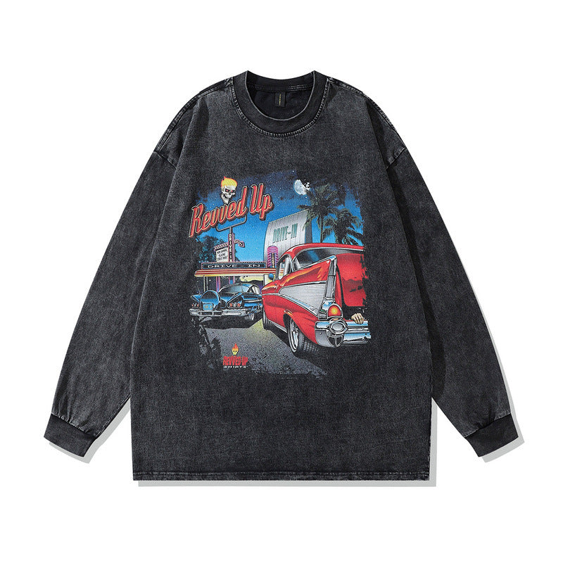 Men Long Sleeve Shirt Dark Printed Washed Distressed Long Sleeve T-shirt Men Hip Hop