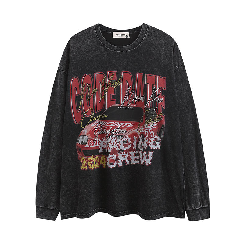 Men Long Sleeve Shirt Vintage Printed Washed Distressed Long Sleeve Bottoming T-shirt for Men and Women