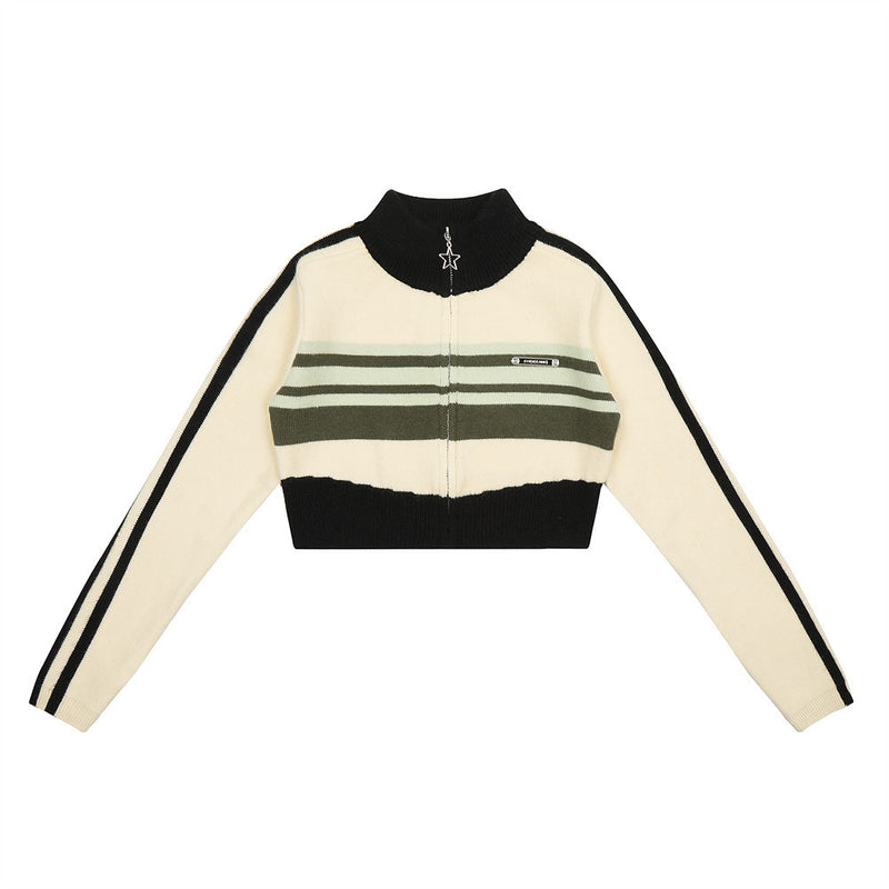 Women Sweater Short Knitted Cardigan Color Matching Long Sleeve Sweater Coat