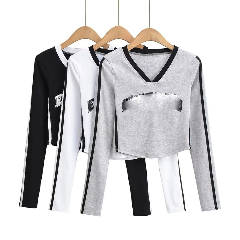 Women T-shirt Letter Underwear Blouse Women's Autumn Short Side Stripe T-shirt