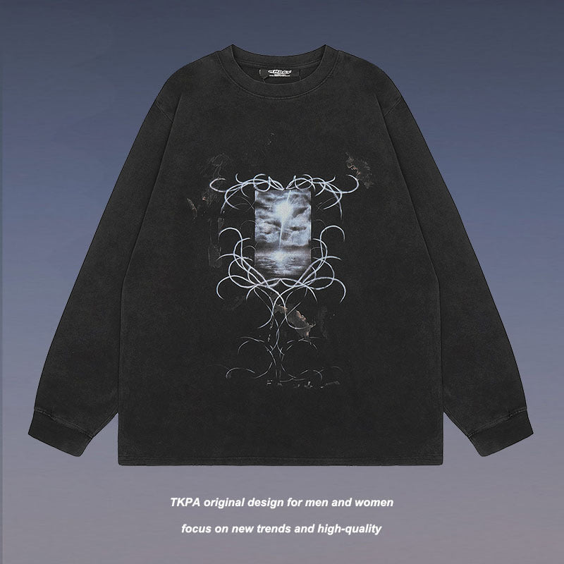 Men Long Sleeve Shirt Printed Washed Bottoming Long Sleeve T-shirt Men and Women Ins