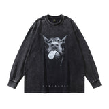 Men Long Sleeve Shirt Printed Washed round Neck Long Sleeve Bottoming Vintage Retro Style T-shirt