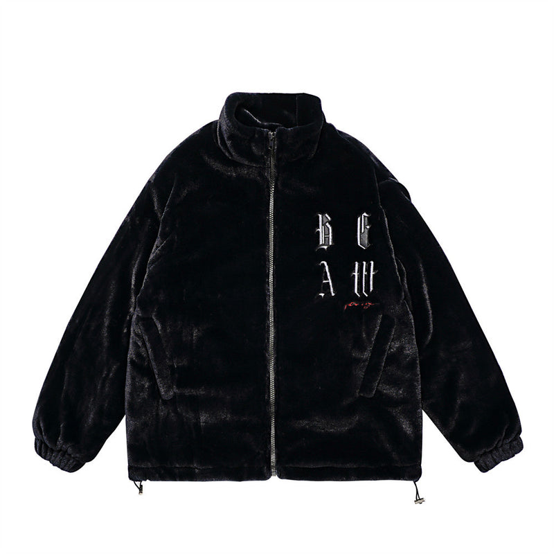 Men Cotton Padded Jacket Coat Letter Embroidered Cotton Jacket Men Winter Thickening Stand Collar Baggy Coat