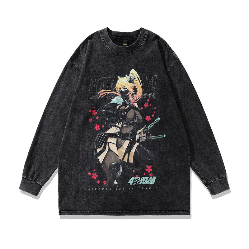 Men Long Sleeve Shirt Anime Print Washed and Worn T-shirt with Long Sleeves Hoodie Men and Women
