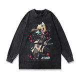Men Long Sleeve Shirt Hip Hop Retro Head Washed and Worn Long Sleeve T-shirt Men and Women