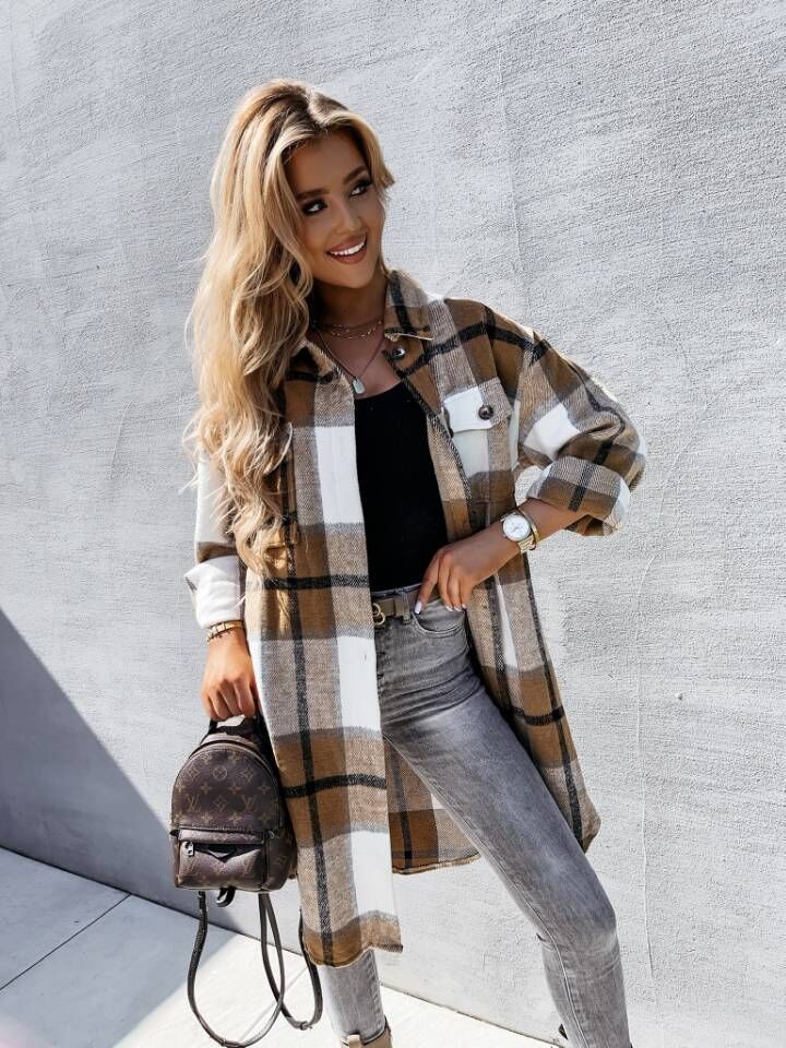 Plaid Trench Coat Straight Single-Breasted Plaid Long Sleeve Shirt