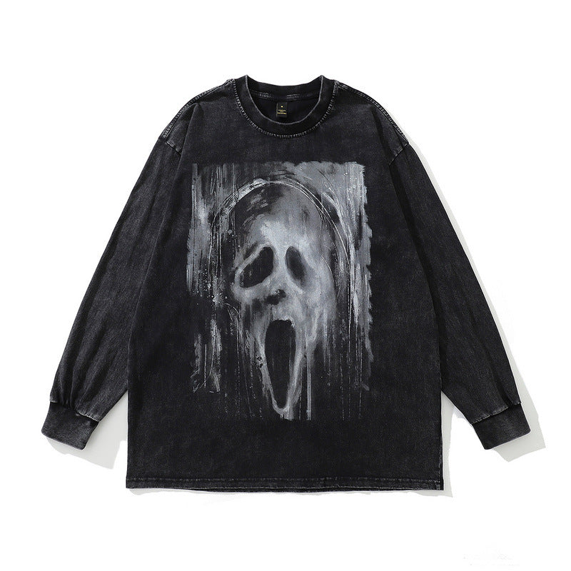 Men Long Sleeve Shirt Retro Worn Looking Washed-out Long Sleeve T-shirt Men's Loose Couple