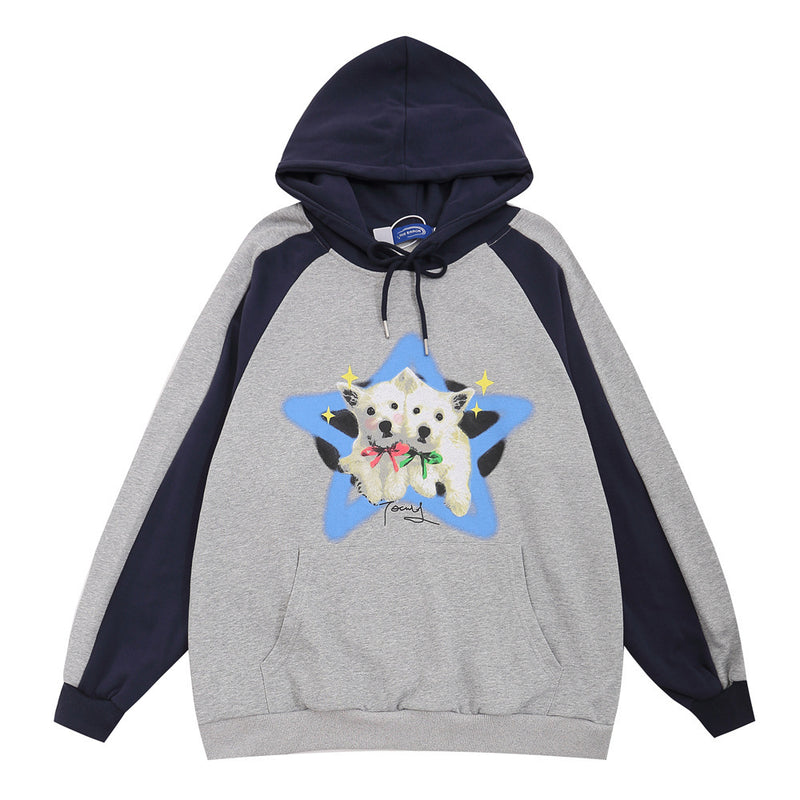 Men Hoodie Hooded Sweater Loose Casual Contrast Color Stitching
