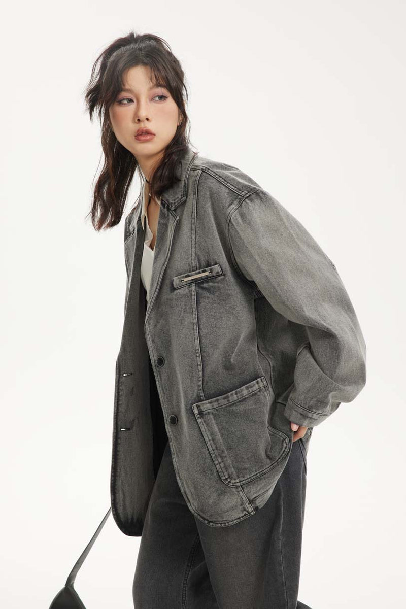 Unisex Jacket Autumn Heavy Washed Casual Denim