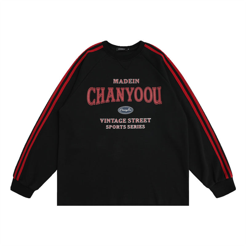 Men Hoodie English Printed Crew Neck Sweatshirt Loose Side Stripe Contrast Color Long Sleeves