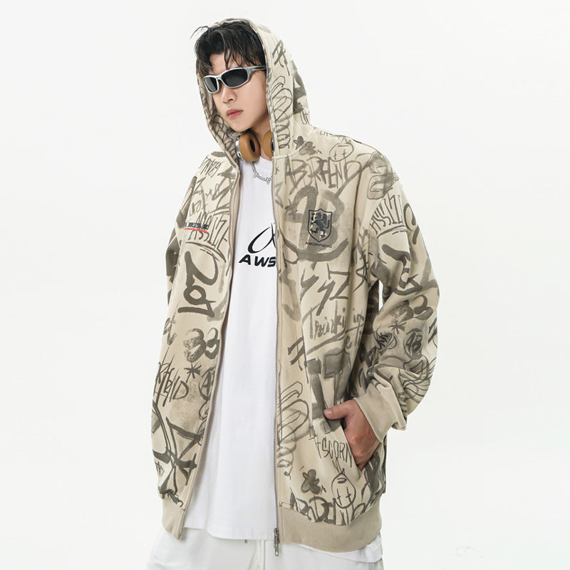 Men Hoodie Full of Graffiti Printed Hoodie Men's Two-Way Zipper Cardigan Sweater