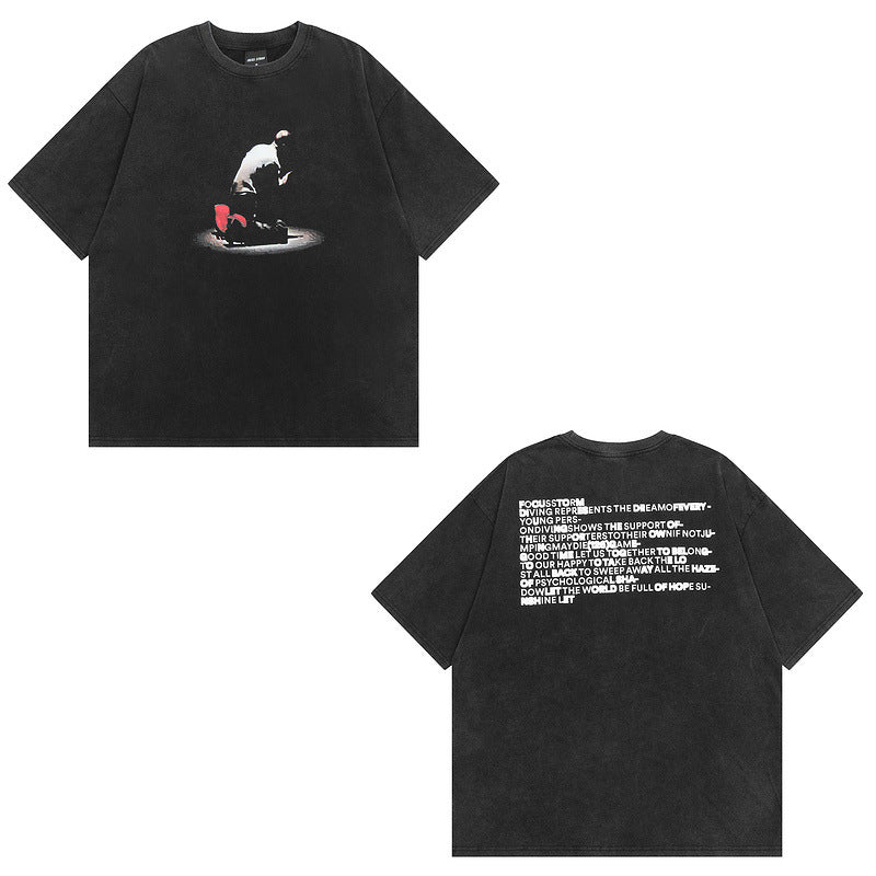 Men T Shirt Retro Washed Hip Hop Print Short Sleeve T-shirt Men