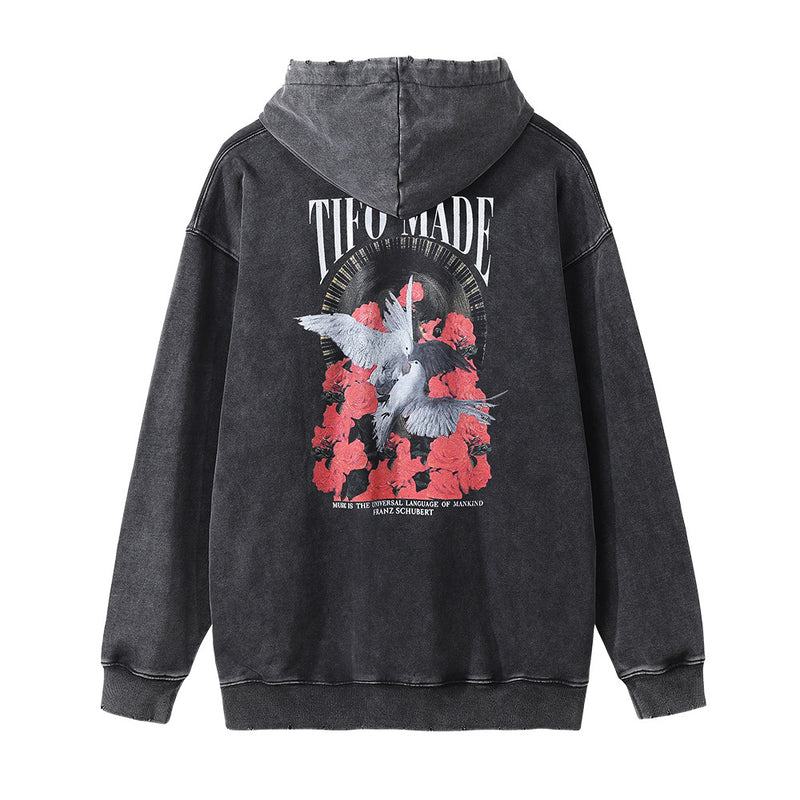 Men Hoodie Peace Dove Rose Hooded Sweater Men's Washed and Worn Hoodie