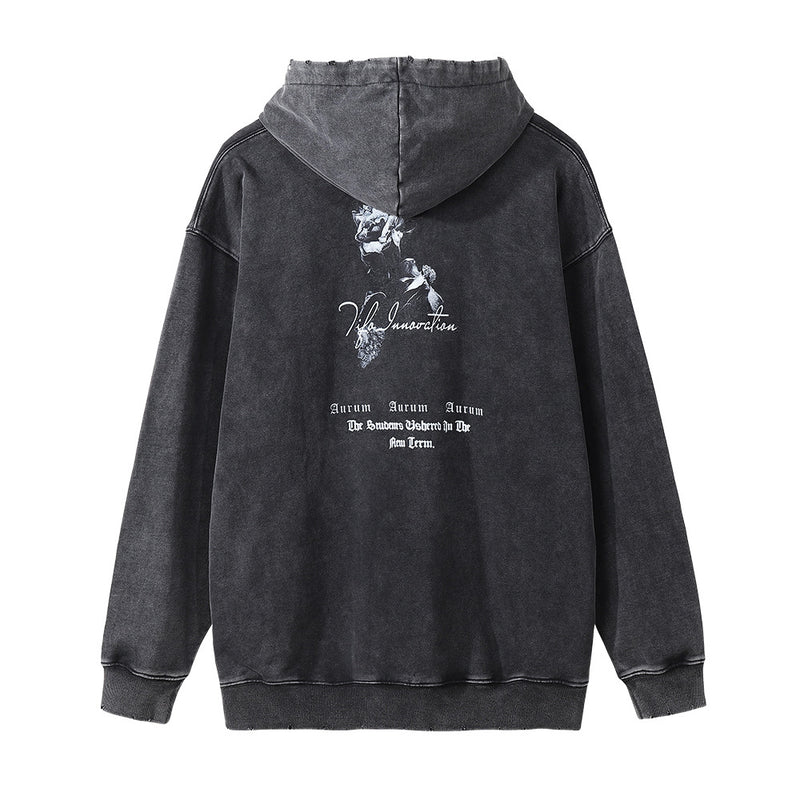 Men Hoodie Printing Distressed Wash Hooded Pullover Loose