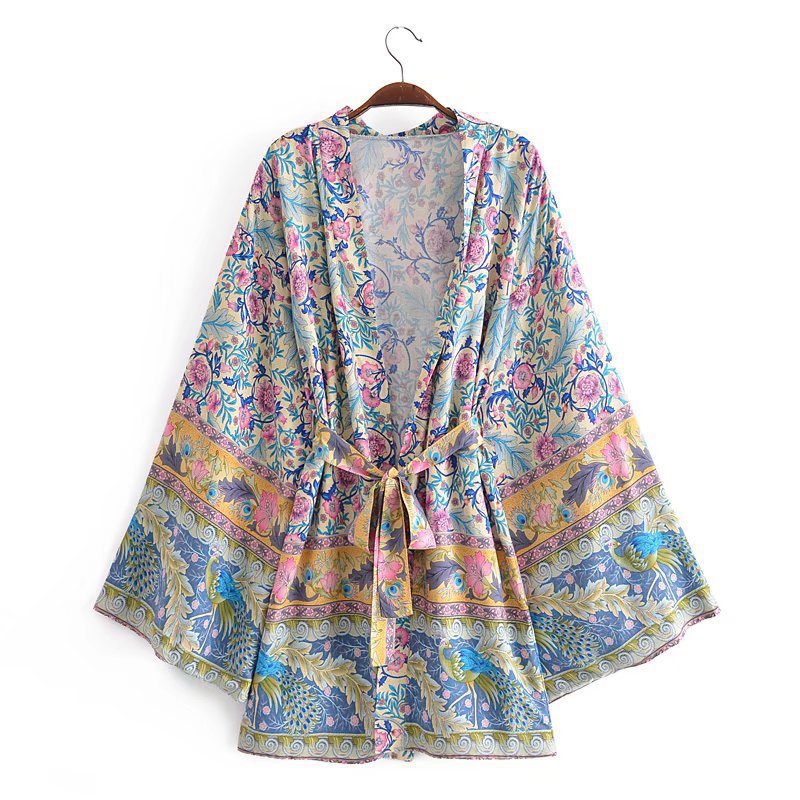 Women T-Shirt Spring Printed Cardigan Long Sleeve Belt Top