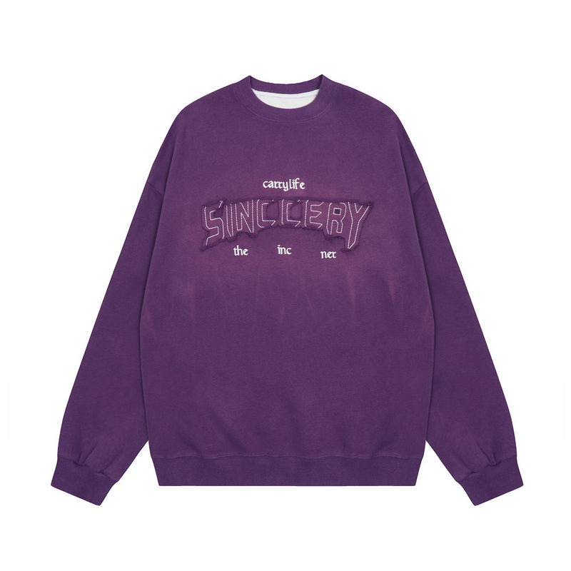 Men Hoodie Embroidered Crew Neck Sweater Spring and Autumn Loose Top Casual