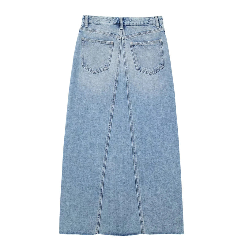 Women Skirt Vintage Mid-Length A- line Skirt Denim Skirt