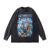 Men Long Sleeve Shirt Hip Hop Retro Cartoon Printed Distressed Long Sleeve T-shirt for Men and Women